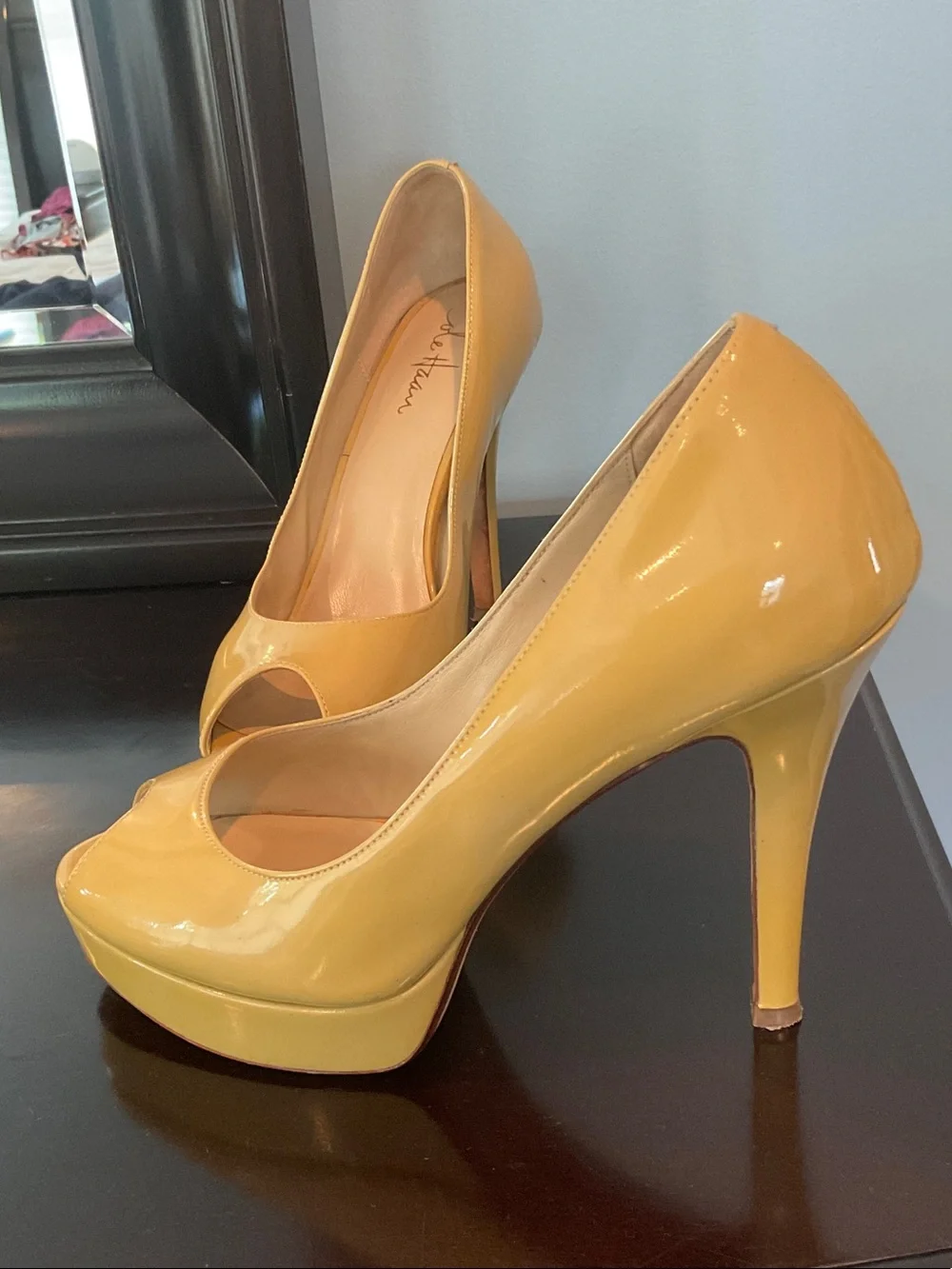 Cole Haan Tan Patent Peep-Toe Platform Pumps